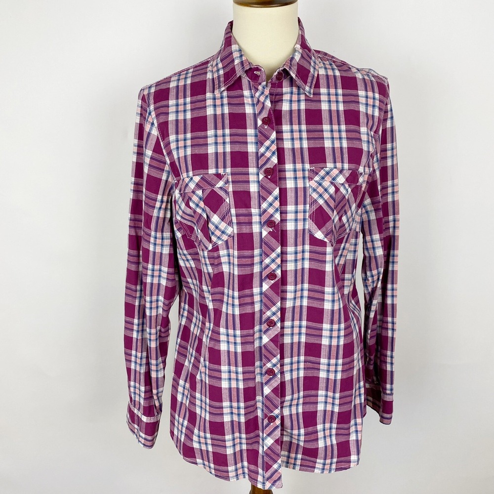 Jane Ashley Vintage Workwear Plaid Roll Tab Button Down Shirt‎ Womens M Purple